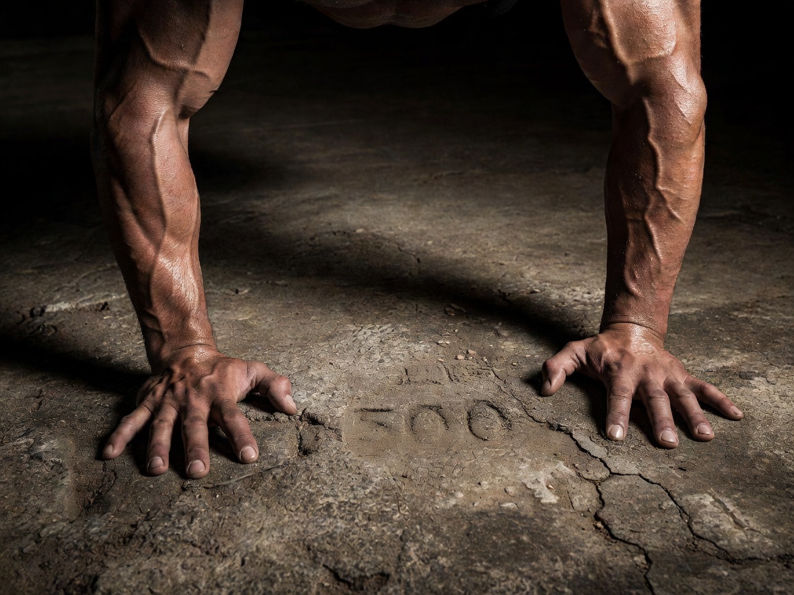 Low angle view showing heavily muscled arms supporting body weight on a rough surface
