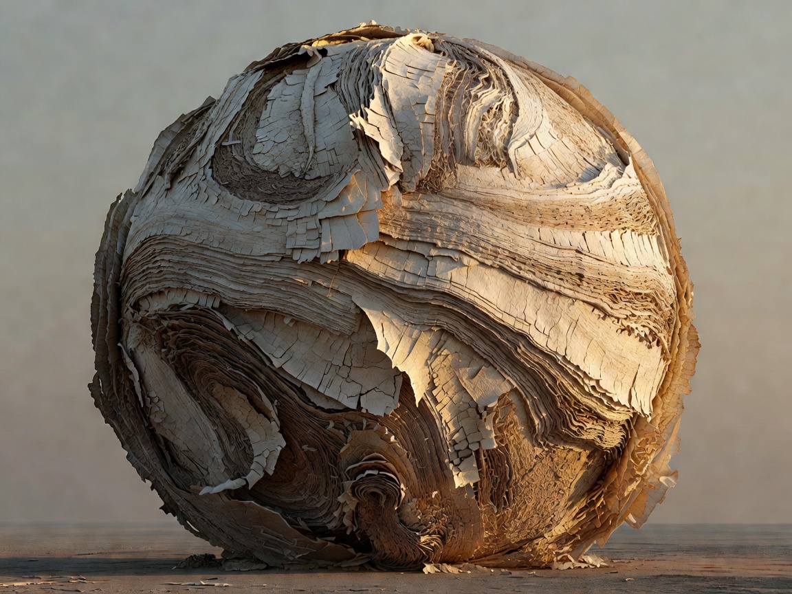 Massive spherical organic shape with layered, papery skin textures