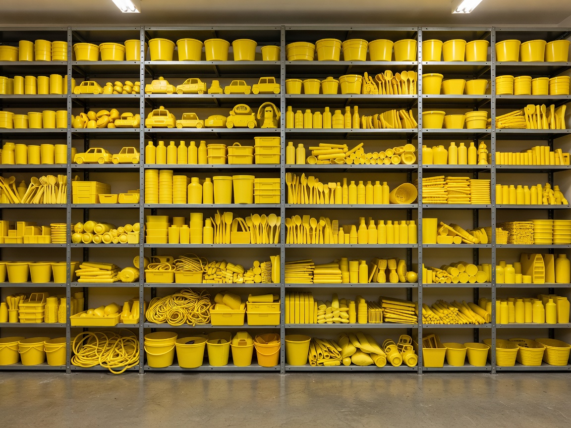 Shelving units filled with hundreds of varied yellow plastic objects