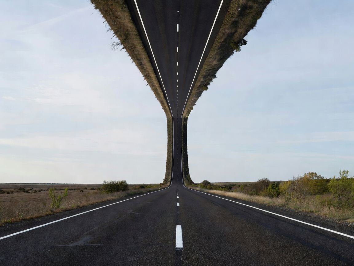 Upside down perspective of a paved road stretching into the distance